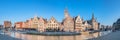 Panoramic view of the Graslei, quay in the promenade next to river Lys in Ghent, Belgium and St Royalty Free Stock Photo