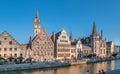 Panoramic view of the Graslei, quay in the promenade next to river Lys in Ghent, Belgium and St Royalty Free Stock Photo