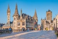 Panoramic view of the Graslei, quay in the promenade next to river Lys in Ghent, Belgium and St Royalty Free Stock Photo