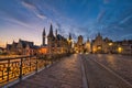 Ghent Belgium, city skyline night at St Michael\'s Bridge