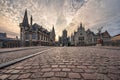 Ghent Belgium, city skyline sunrise at St Michael\'s Bridge