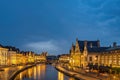 Ghent Belgium, night skyline at St Michael\'s Bridge (Sint-Michielsbrug) with Leie River and Korenlei