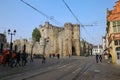 View over stree with tram rails on medieval gravensteen castle