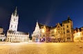 Ghent, Belgium panorama of Sint - Baafsplein square: Saint Bavo Cathedral Sint-Baafskathedraal and Sint - Baafsplein and Belfry Royalty Free Stock Photo