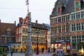 Ghent, Belgium; 10/29/2018: Sint-Veerleplein square in the old town of Ghent, with a statue in the middle and a bar in the corner Royalty Free Stock Photo