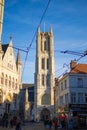 Ghent, Belgium; 10/30/2018: Vertical picture of the tower of Saint Bavo Cathedral or Sint-Baafs Cathedral in Sint-Baafsplein