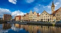 Ghent canal and Graslei street. Ghent, Belgium Royalty Free Stock Photo