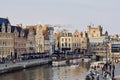 Ghent, East Flanders, Belgium, October 17, 2018: View of water canal and medieval buildings along quays Graslei and korenlei