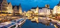 Ghent old town night skyline and Leie river, Belgium Royalty Free Stock Photo