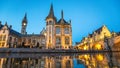Ghent old town night skyline and Leie river panorama Royalty Free Stock Photo