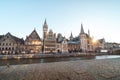 Ghent waterfront called the Graslei and the charming historic houses at sunrise. The centre of the Belgian city. Flanders