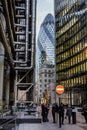 The Gherkin building in The City of London seen framed by skyscrapers in London, UK