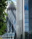 Gherkin Swiss Re Building, 30 St Mary Axe in the City of London financial district, UK. Photographed from Fen Court Garden.
