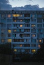 Ghetto architecture the collapse of the Soviet Union. Echo of the USSR. Country high-rise houses in the evening in Obolon district