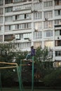 Ghetto architecture the collapse of the Soviet Union. Echo of the USSR. Country high-rise houses in the evening in Obolon district