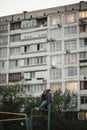 Ghetto architecture the collapse of the Soviet Union. Echo of the USSR. Country high-rise houses in the evening in Obolon district