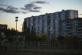 Ghetto architecture the collapse of the Soviet Union. Echo of the USSR. Country high-rise houses in the evening in Obolon district