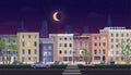 Ghetto landscape at night vector illustration, cartoon flat neighborhood cityscape with slum city street and dirty