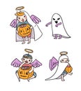 Ghost and angels with pumpkin and sweets on the white background. Trick or treat vector illustration.