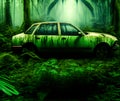 Ghost Car Lost in Jungle, Generative AI Illustration Royalty Free Stock Photo