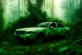 Ghost Car Lost in Jungle, Generative AI Illustration Royalty Free Stock Photo