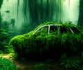 Ghost Car Lost in Jungle, Generative AI Illustration Royalty Free Stock Photo