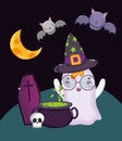 Ghost cauldron coffin skull bats halloween