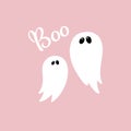 Ghost character and boo hand drawn text poster for pink Halloween party invitation, trick and treat fabric, scary ghost