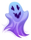 Ghost character. Halloween scary ghostly monster, purple spooks evil face, autumn horror holiday, scary party object