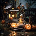 Ghost child doll wearing a cape in front of a Japanese temple during Halloween