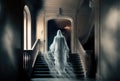 A ghost climbing the stairs inside of a mansion. Created with Generative AI