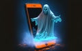 Ghost coming out of the smartphone screen. Halloween concept. 3D Rendering Royalty Free Stock Photo
