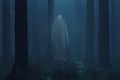 ghost covered with sheet floating in the air. Surrounded by trees in a misty forest in the middle of the night