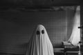 Ghost covered with a white ghost sheet in abandoned house. Halloween Concept. Black and white