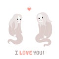 Ghost cute couple in love with heart vector illustration. I love you! greeting card.