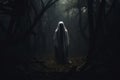 Ghost in a dark forest. Halloween concept Royalty Free Stock Photo