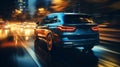 backside view of car rushing along at a highway in the night with the blurred lights