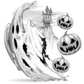 Ghost and Evil Pumpkins funny Nightmare Escape Halloween Vector Illustration isolated on white Royalty Free Stock Photo