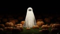 Ghost in field of pumpkins at night, Halloween. Glowing ghost sheet. 3d render