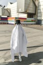 Comic Con ghost figure standing outside with a white robe