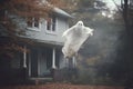 A ghost flies through the garden on a gloomy autumn day