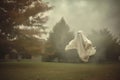 A ghost flies through the garden on a gloomy autumn day