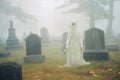 Ghost in foggy graveyard. Haunted cemetery Royalty Free Stock Photo