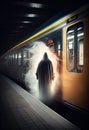 The ghost in front of subway train. Horrors, nightmares, driving safety