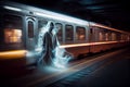 The ghost in front of subway train. Horrors, nightmares, driving safety