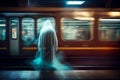 The ghost in front of subway train. Horrors, nightmares, driving safety