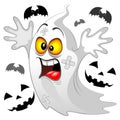 Ghost Funny Halloween Cartoon Character Scared by Evil Pumpkins and Bats Vector Illustration isolated on white Royalty Free Stock Photo