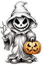Ghost, ghoul dressed in white in front of him jack-o-lantern pumpkin, a Halloween image on a bright isolated background