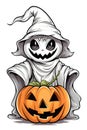 Ghost, ghoul dressed in white in front of him jack-o-lantern pumpkin, a Halloween image on a bright isolated background