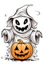 Ghost, ghoul dressed in white in front of him jack-o-lantern pumpkin, a Halloween image on a bright isolated background Royalty Free Stock Photo